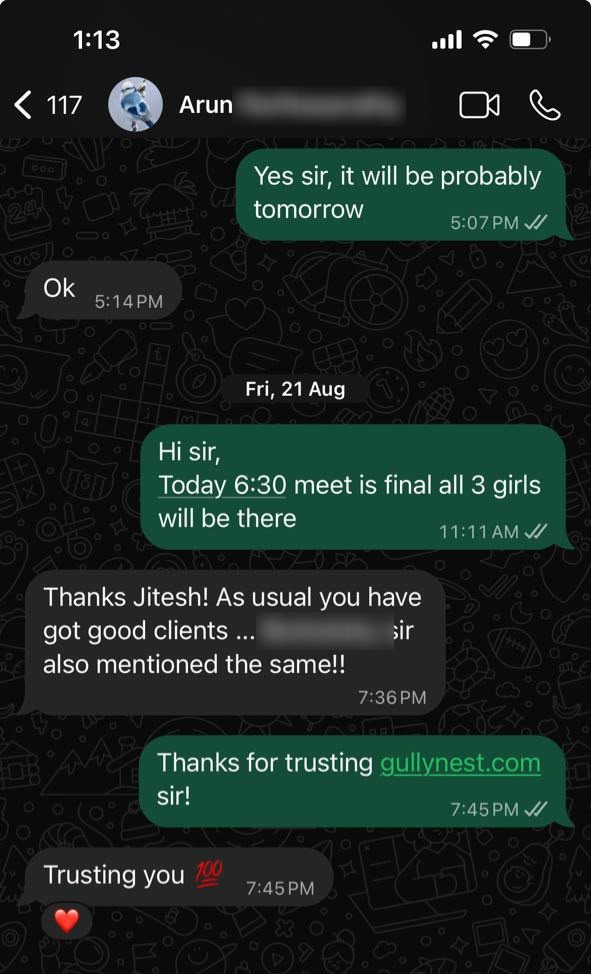WhatsApp chat with Arun, a property owner: "As usual you have got good clients", ending with "Trusting you".
