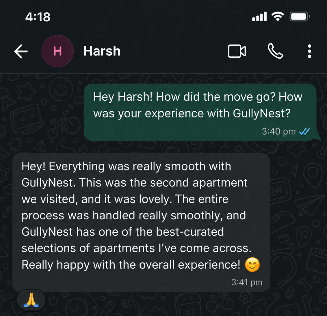 WhatsApp message from Harsh: everything was really smooth with Gullynest, the second apartment they visited was lovely, and Gullynest has one of the best-curated selections of apartments they have come across.